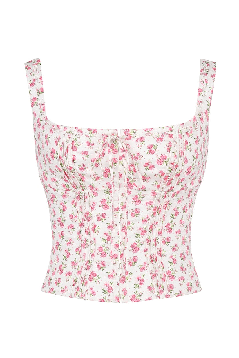White Rosebud Print Top