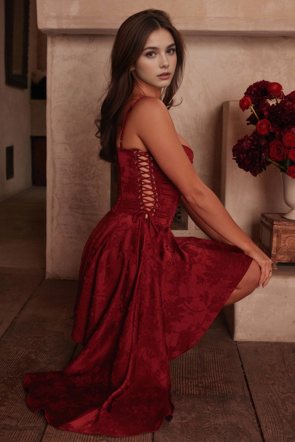 Wine Jacquard Satin Draped Mini Dress