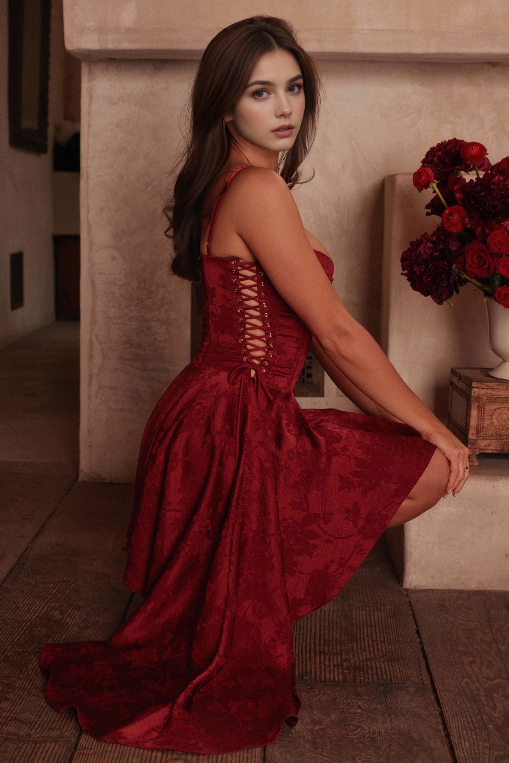 Wine Jacquard Satin Draped Mini Dress