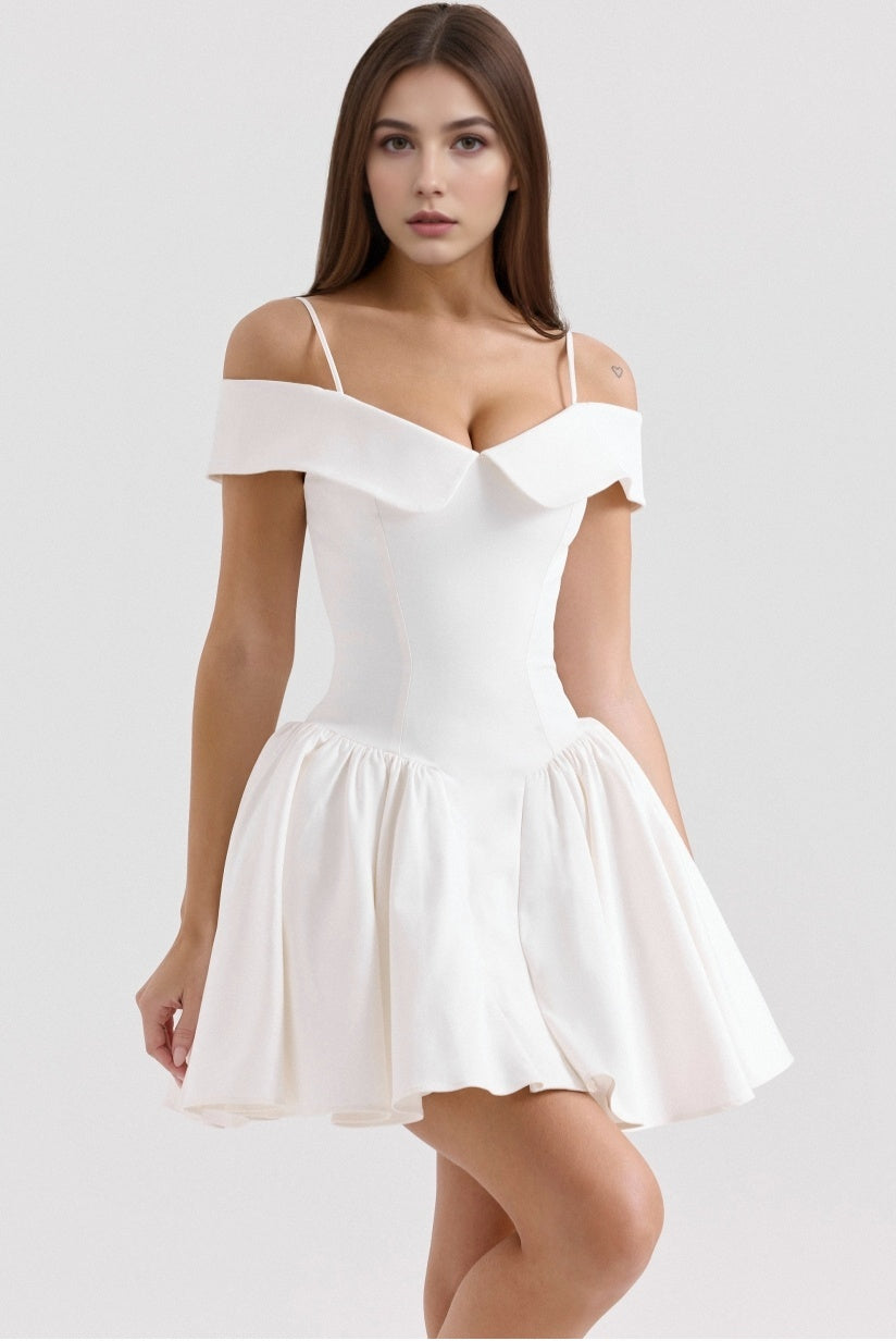 White Twill Off Shoulder Mini Dress