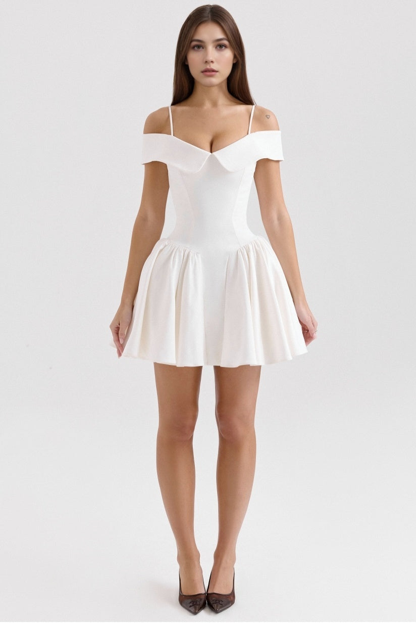 White Twill Off Shoulder Mini Dress