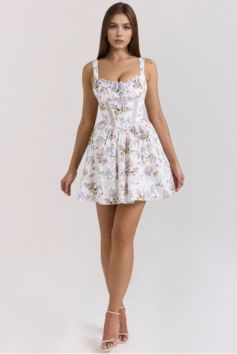 White Floral Ribbon Print Cotton Mini Dress