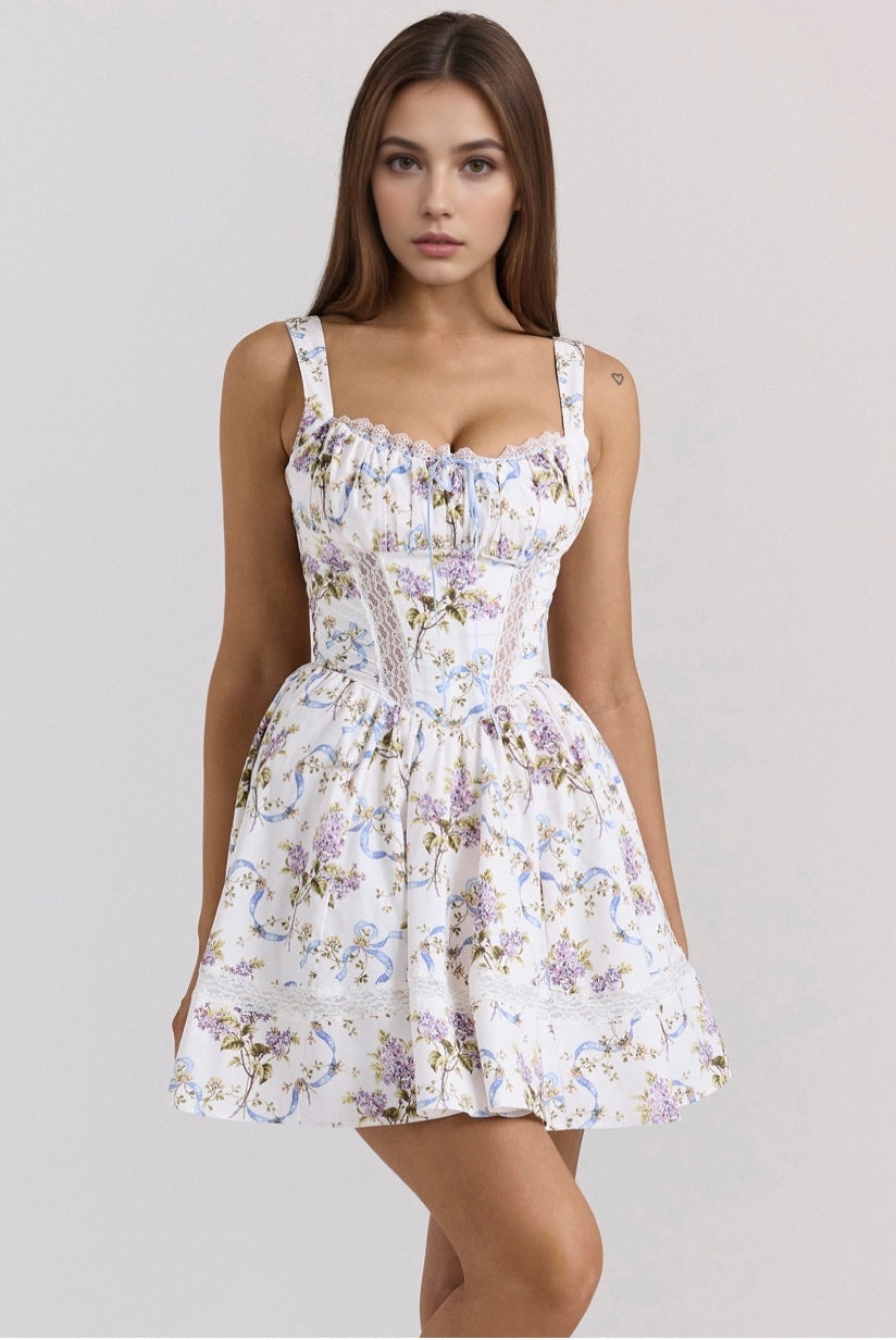 White Floral Ribbon Print Cotton Mini Dress