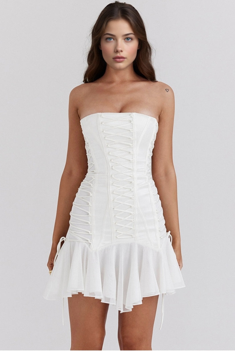 White Strapless Lace Up Mini Dress