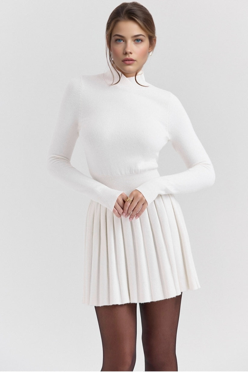 White Cashmere Blend Pleated Skated Mini Dress