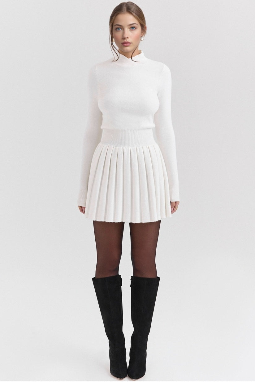 White Cashmere Blend Pleated Skated Mini Dress