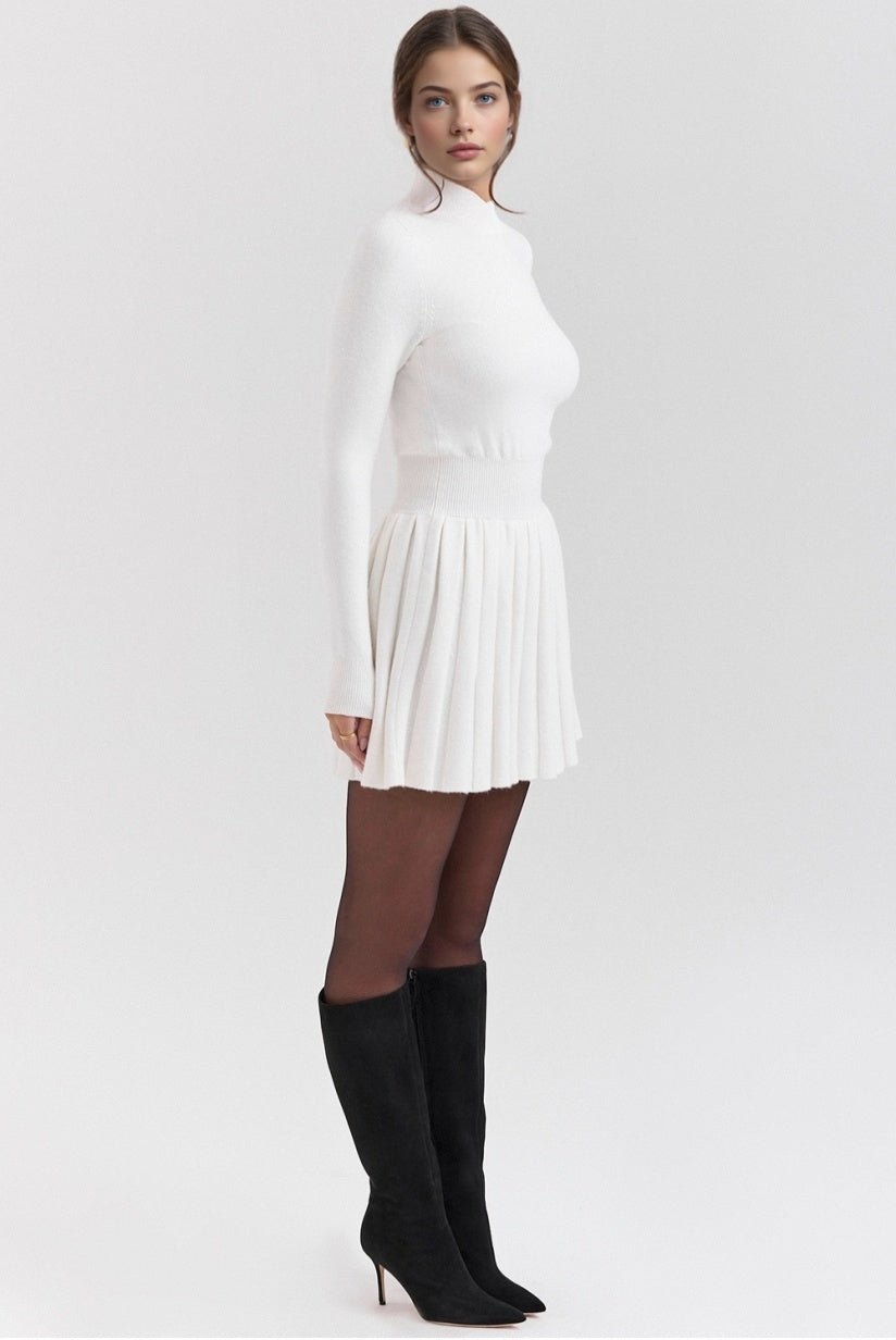 White Cashmere Blend Pleated Skated Mini Dress