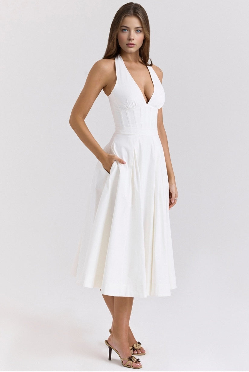 White Stretch Cotton Halter Midi Sundress