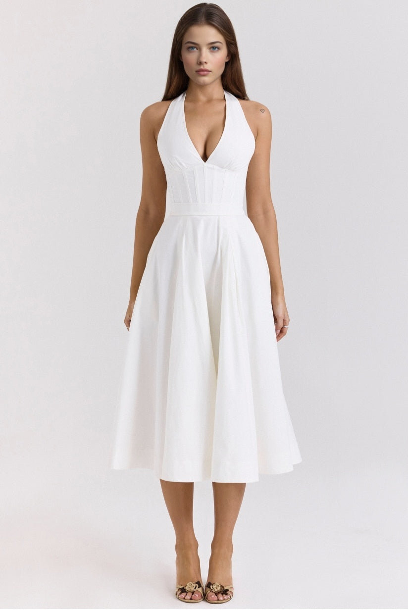 White Stretch Cotton Halter Midi Sundress