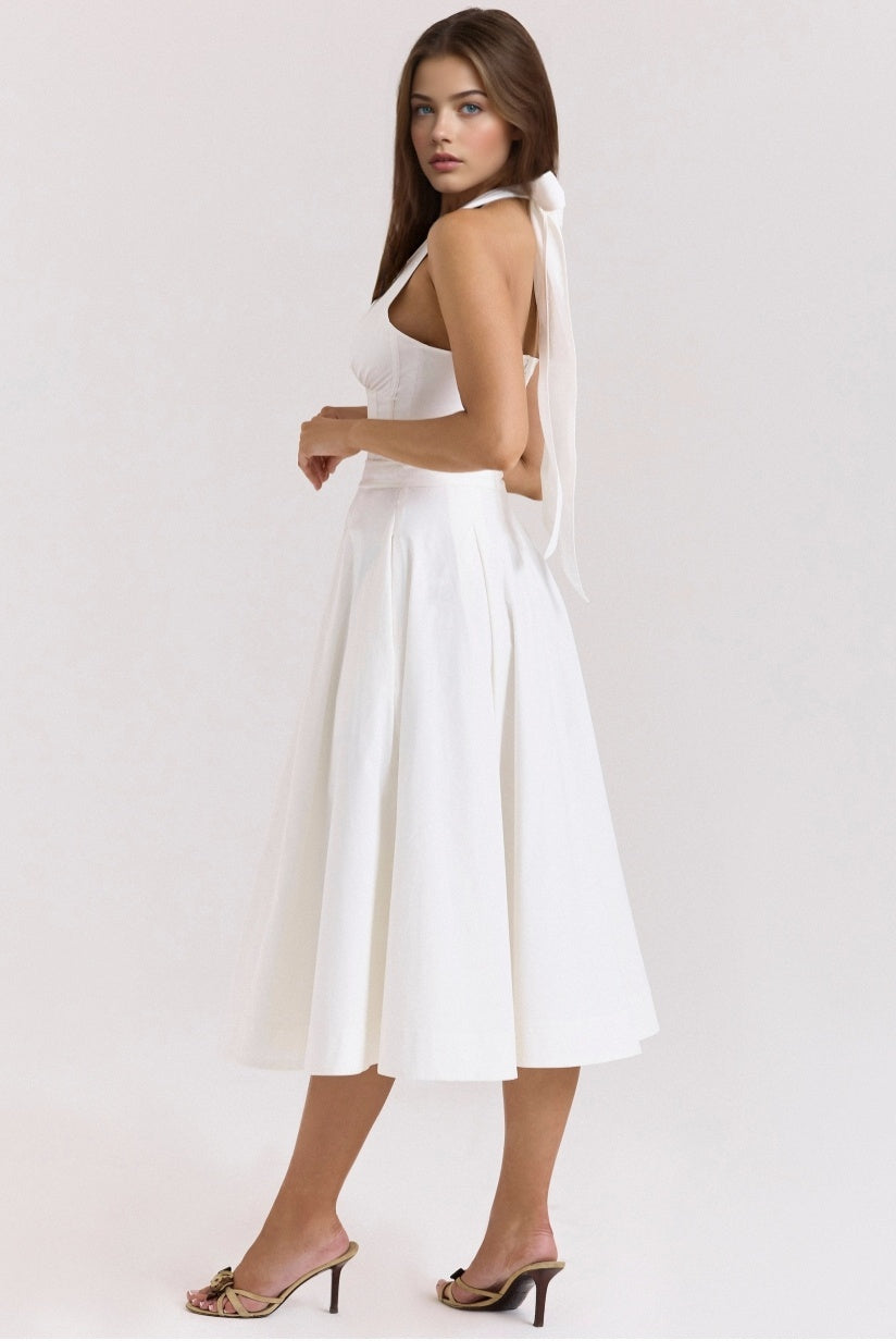 White Stretch Cotton Halter Midi Sundress
