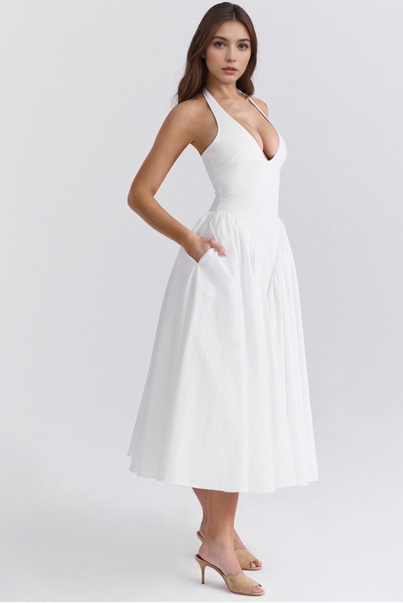 White Cotton Halter Midi Sundress