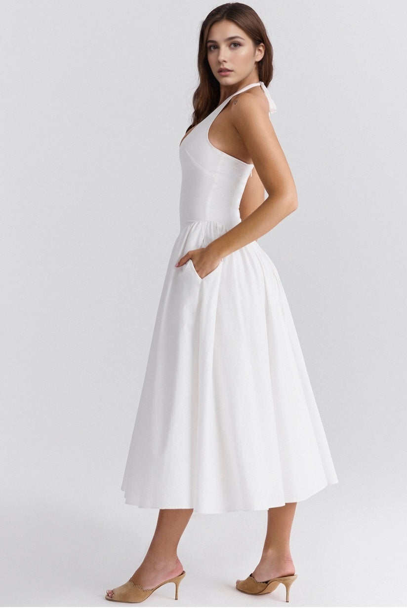 White Cotton Halter Midi Sundress