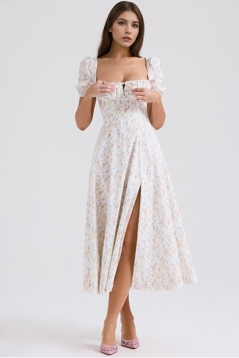 White Posy Print Cotton Puff Sleeve Midi Sundress