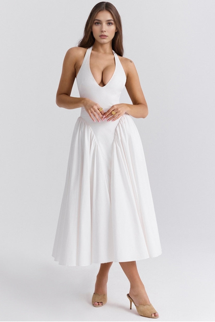 White Cotton Halter Midi Sundress