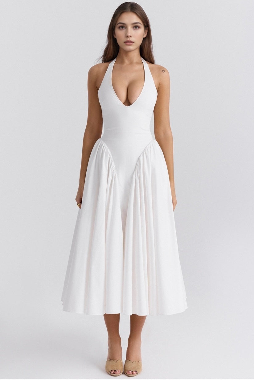 White Cotton Halter Midi Sundress