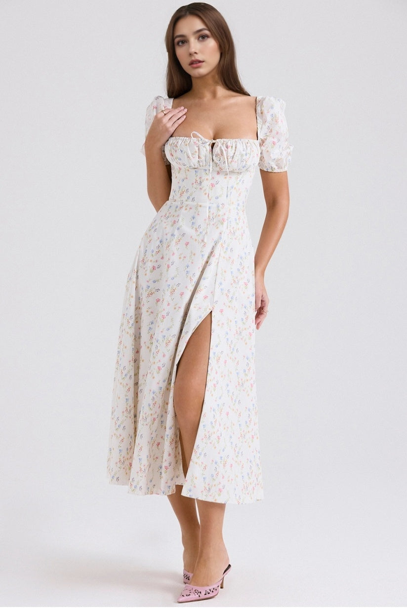 White Posy Print Cotton Puff Sleeve Midi Sundress