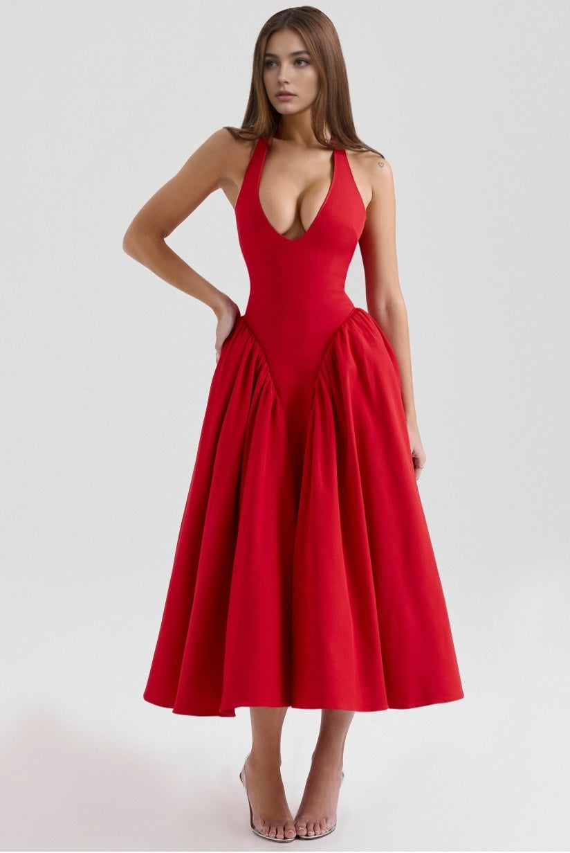 Red Twill Halter Midi Dress