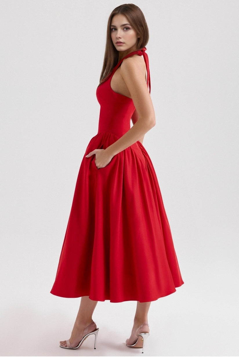 Red Twill Halter Midi Dress