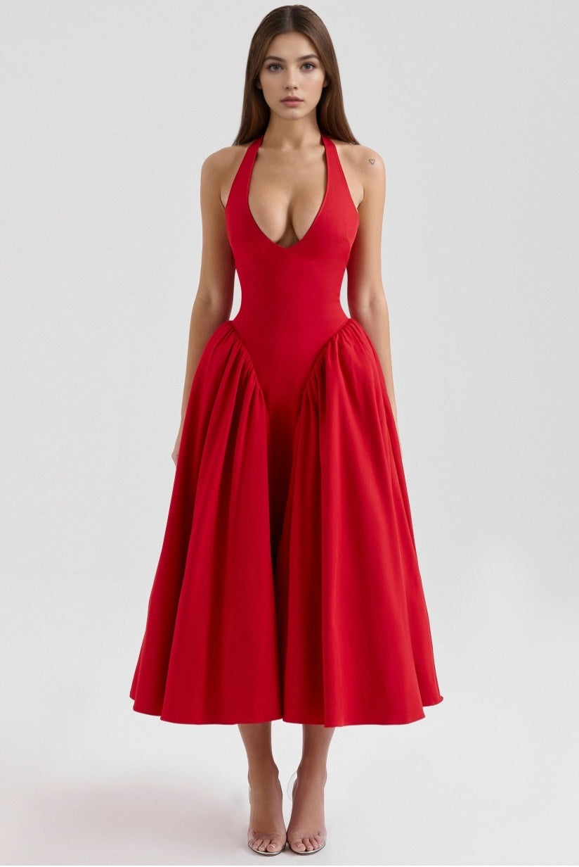 Red Twill Halter Midi Dress