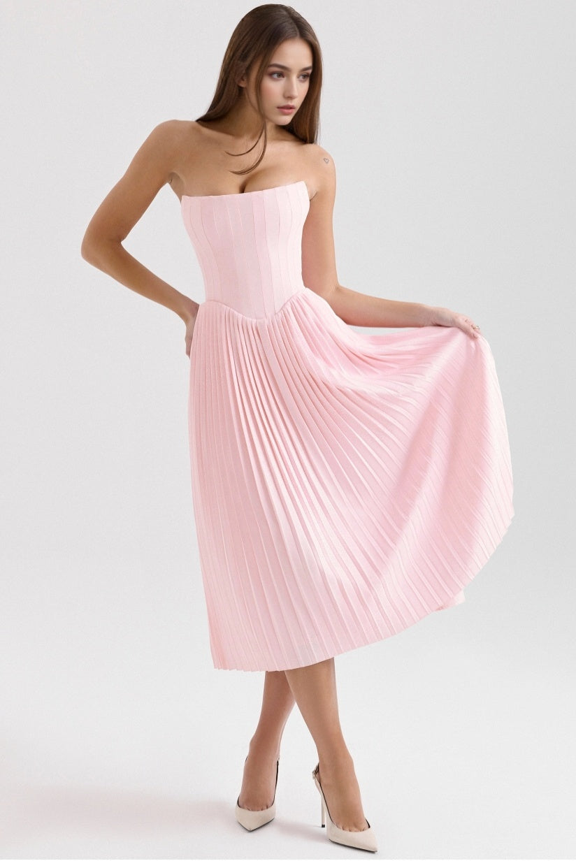 Pink Pleated Midi Corset Dress