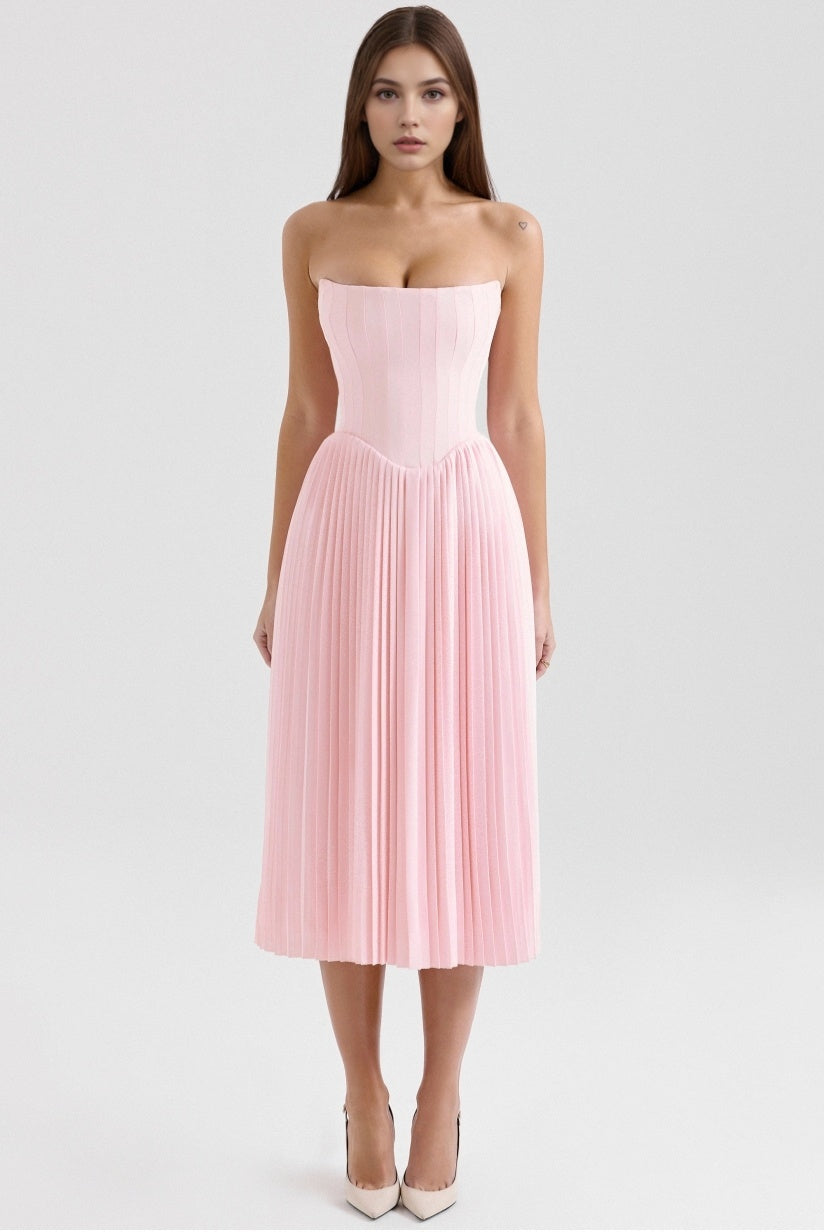 Pink Pleated Midi Corset Dress