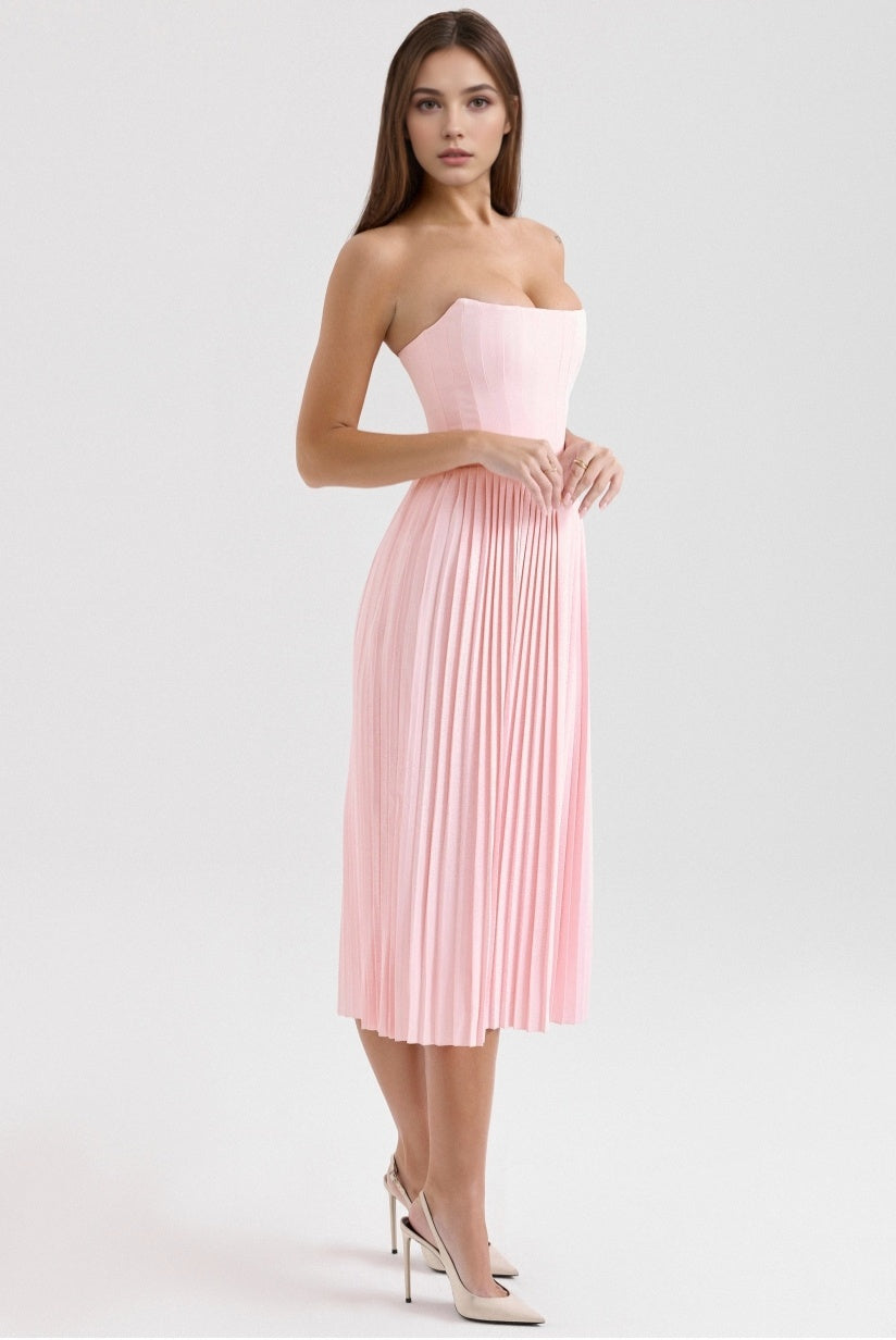 Pink Pleated Midi Corset Dress
