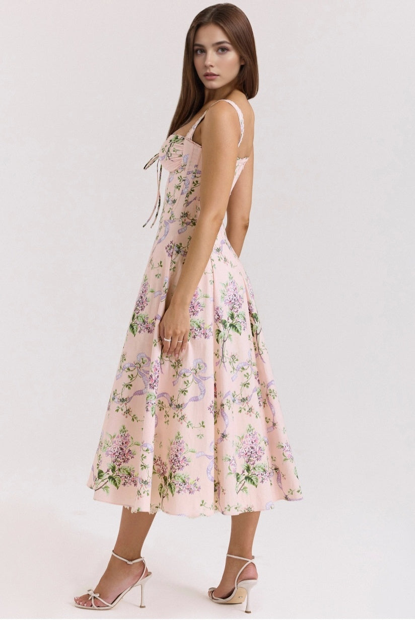 Pink Floral Corset Midi Dress