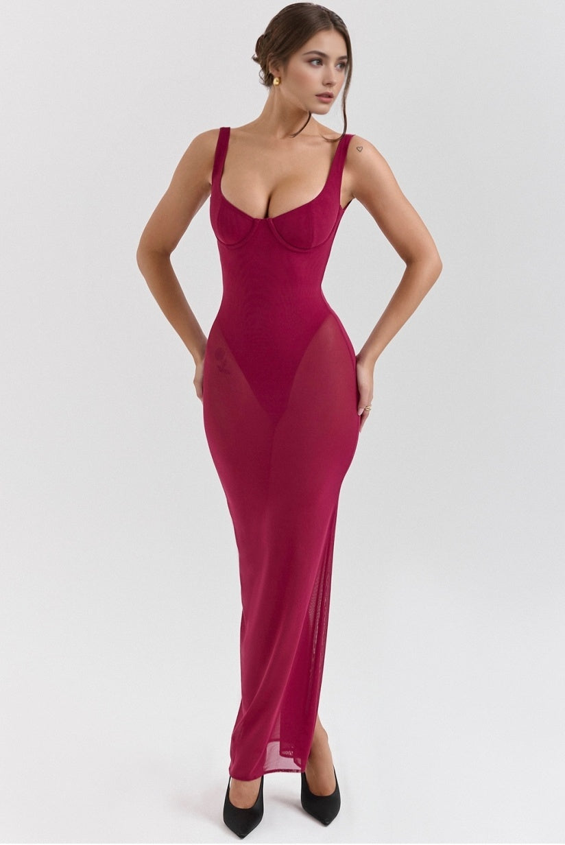 Wine Stretch Mesh Maxi Dress