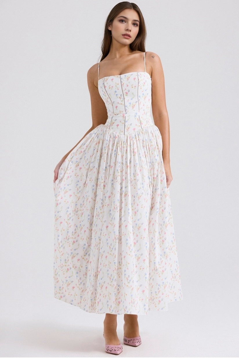 White Posy Print Cotton Maxi Sundress
