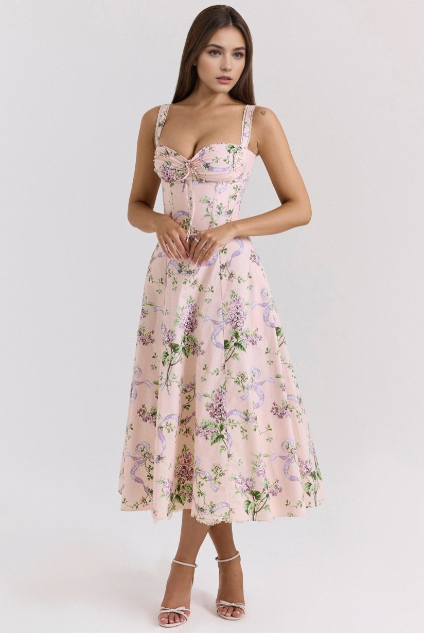Pink Floral Corset Midi Dress