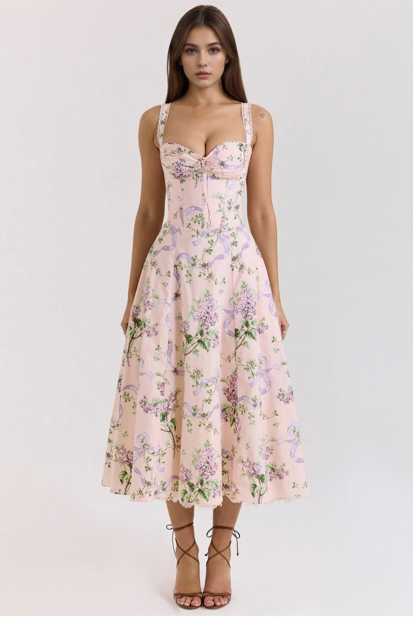 Pink Floral Corset Midi Dress