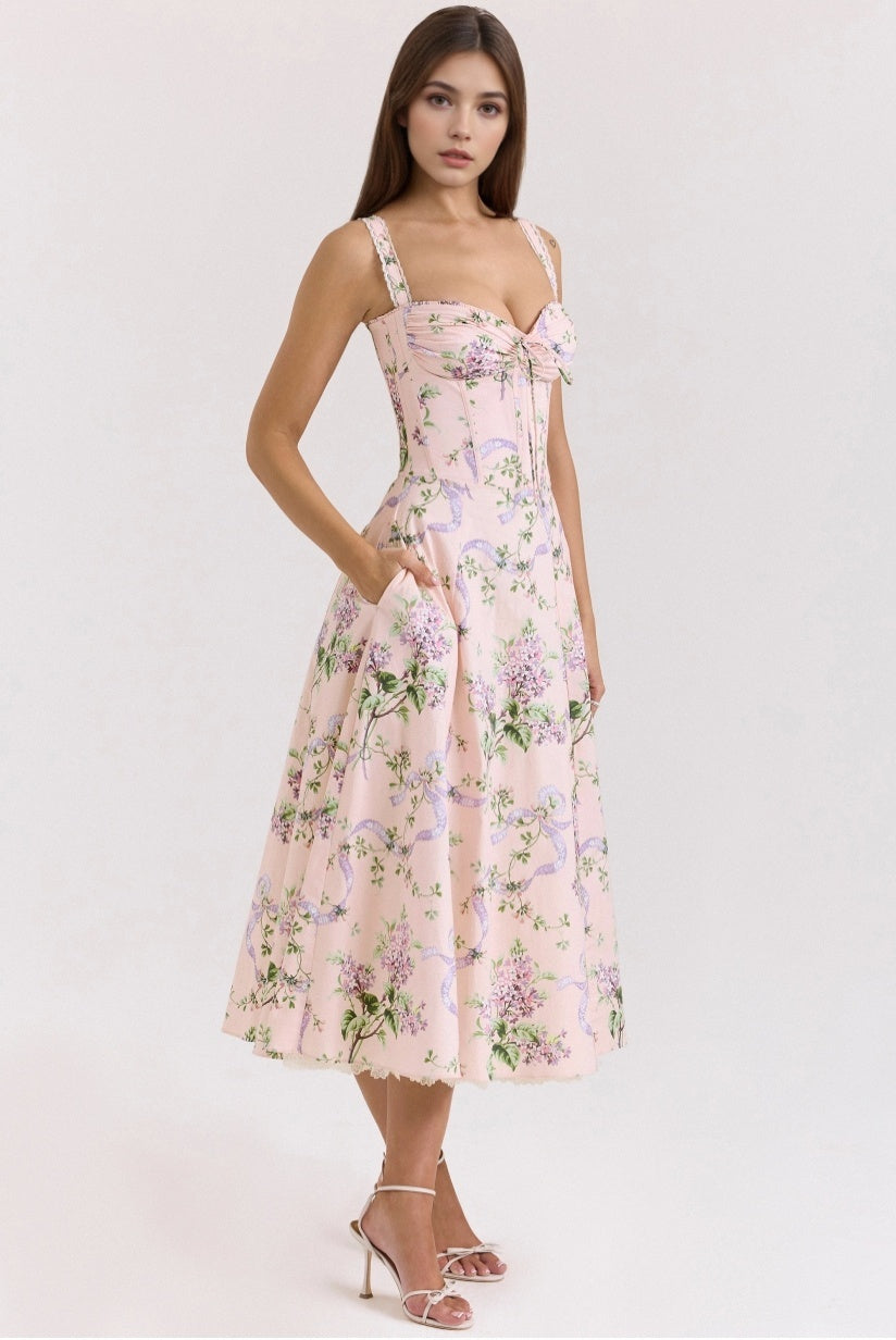 Pink Floral Corset Midi Dress