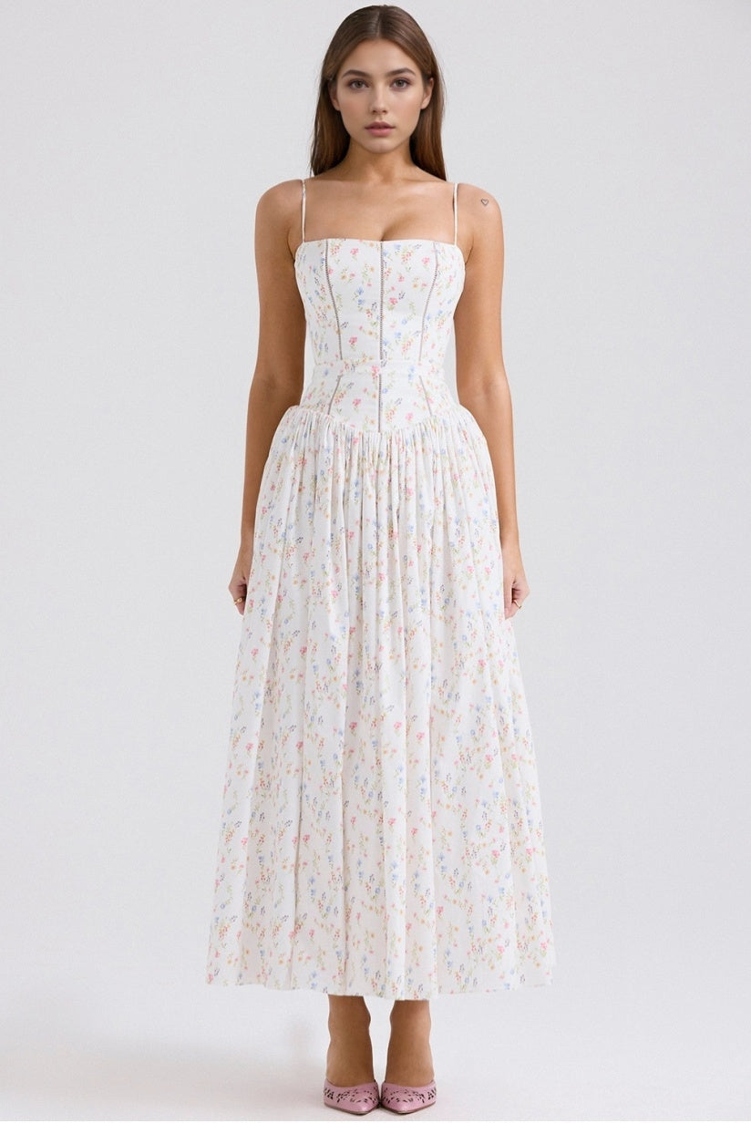 White Posy Print Cotton Maxi Sundress