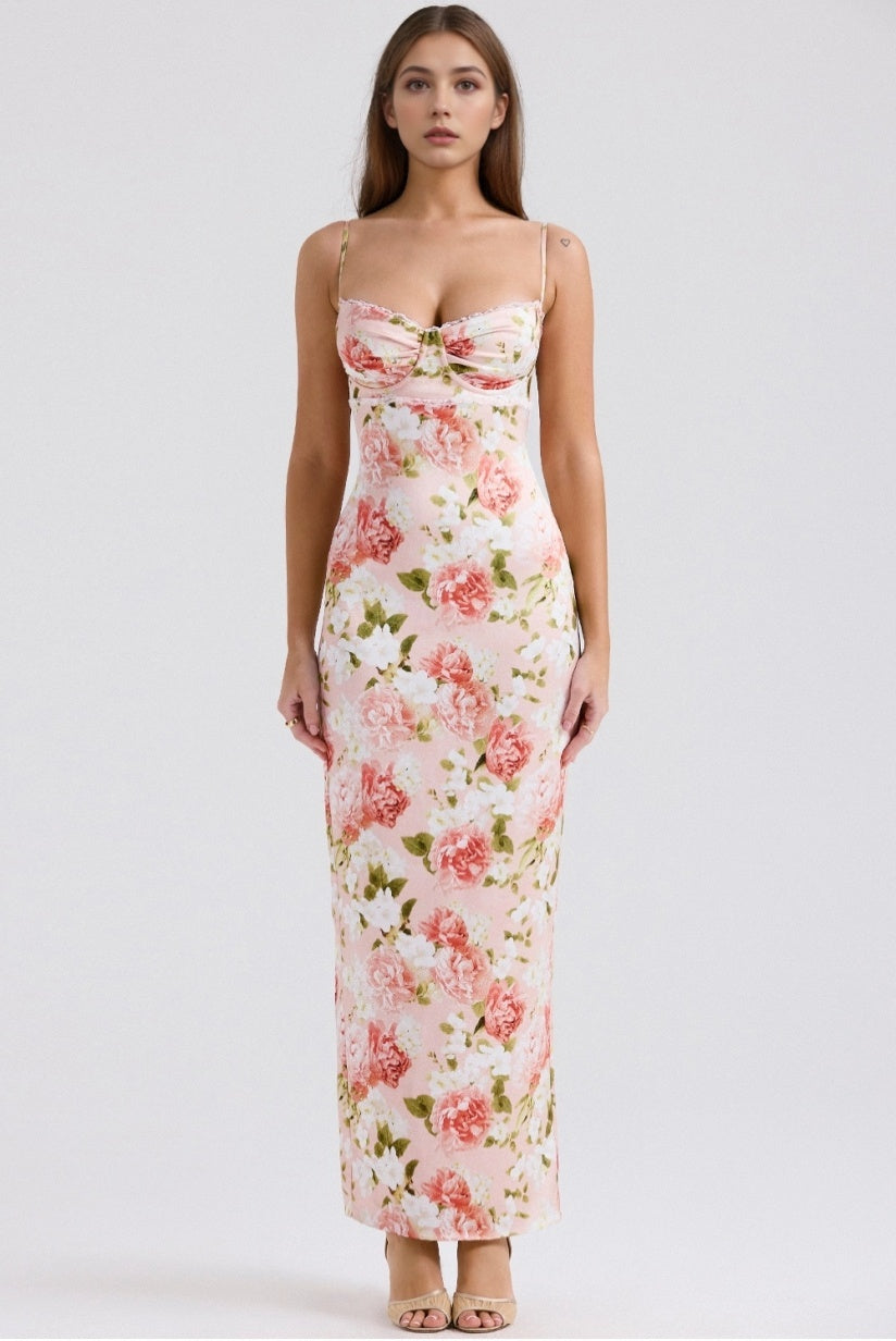 Pink Peony Print Satin Maxi Dress