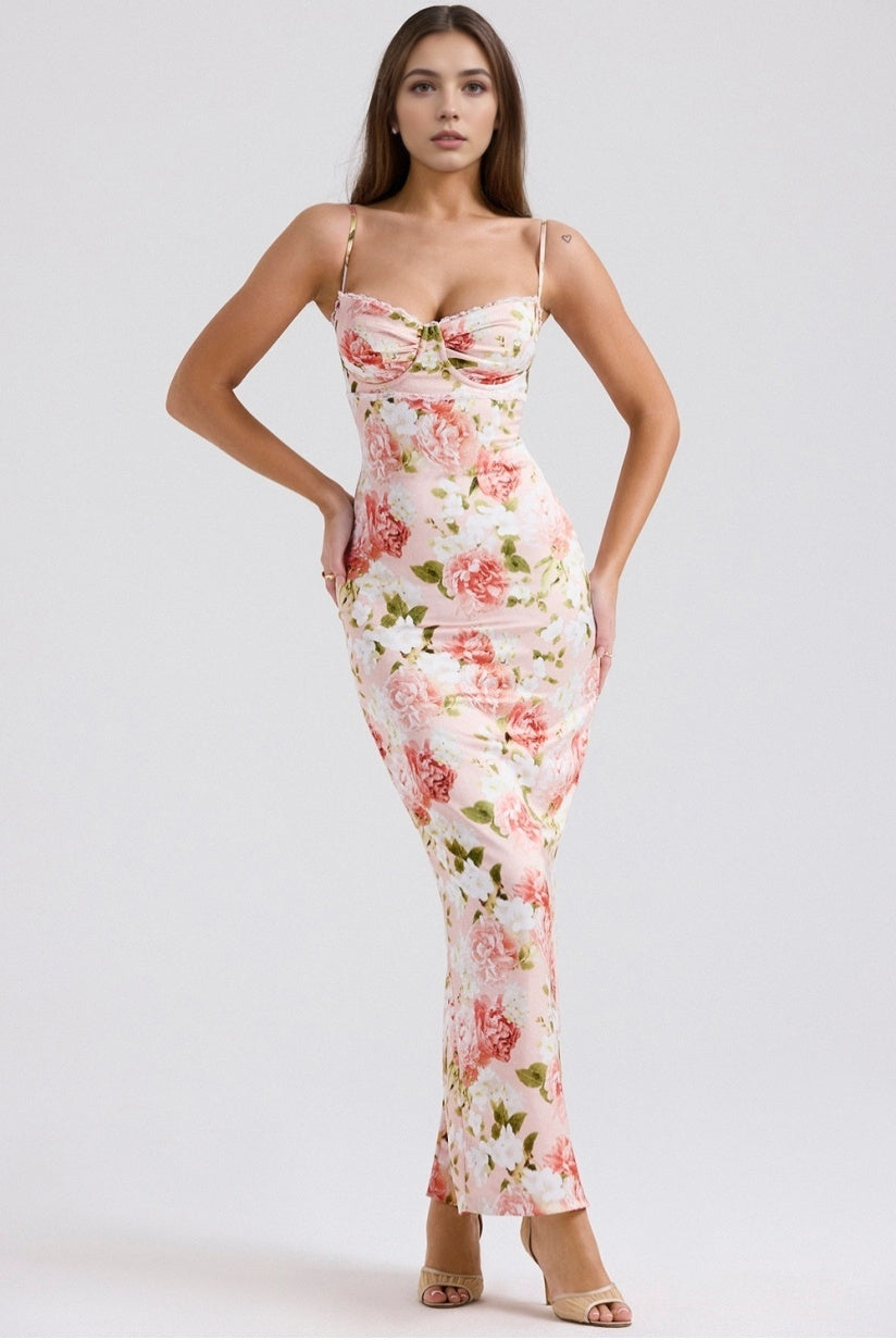 Pink Peony Print Satin Maxi Dress