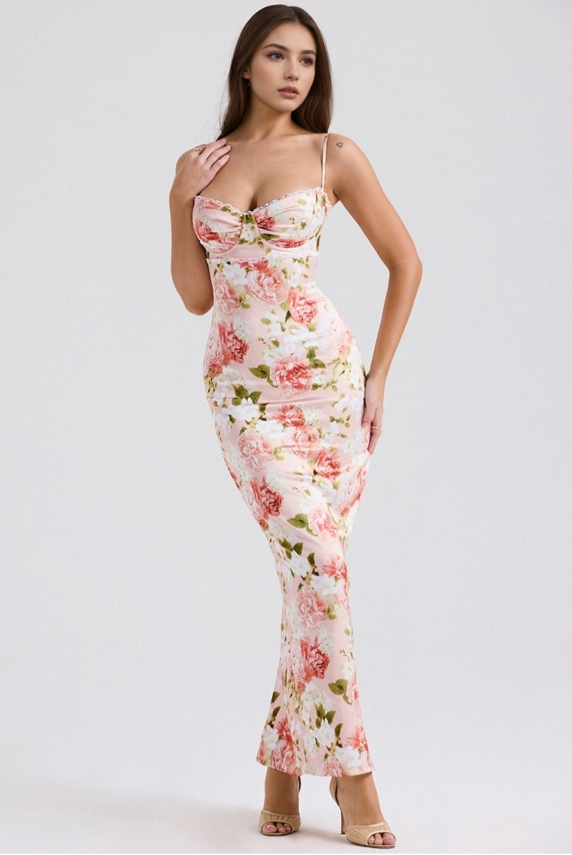 Pink Peony Print Satin Maxi Dress
