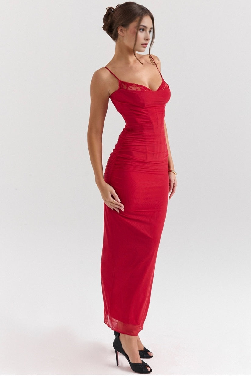 Holly Red Mesh Corset Maxi Dress