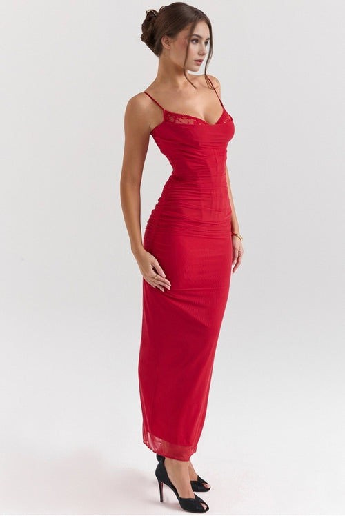 Holly Red Mesh Corset Maxi Dress