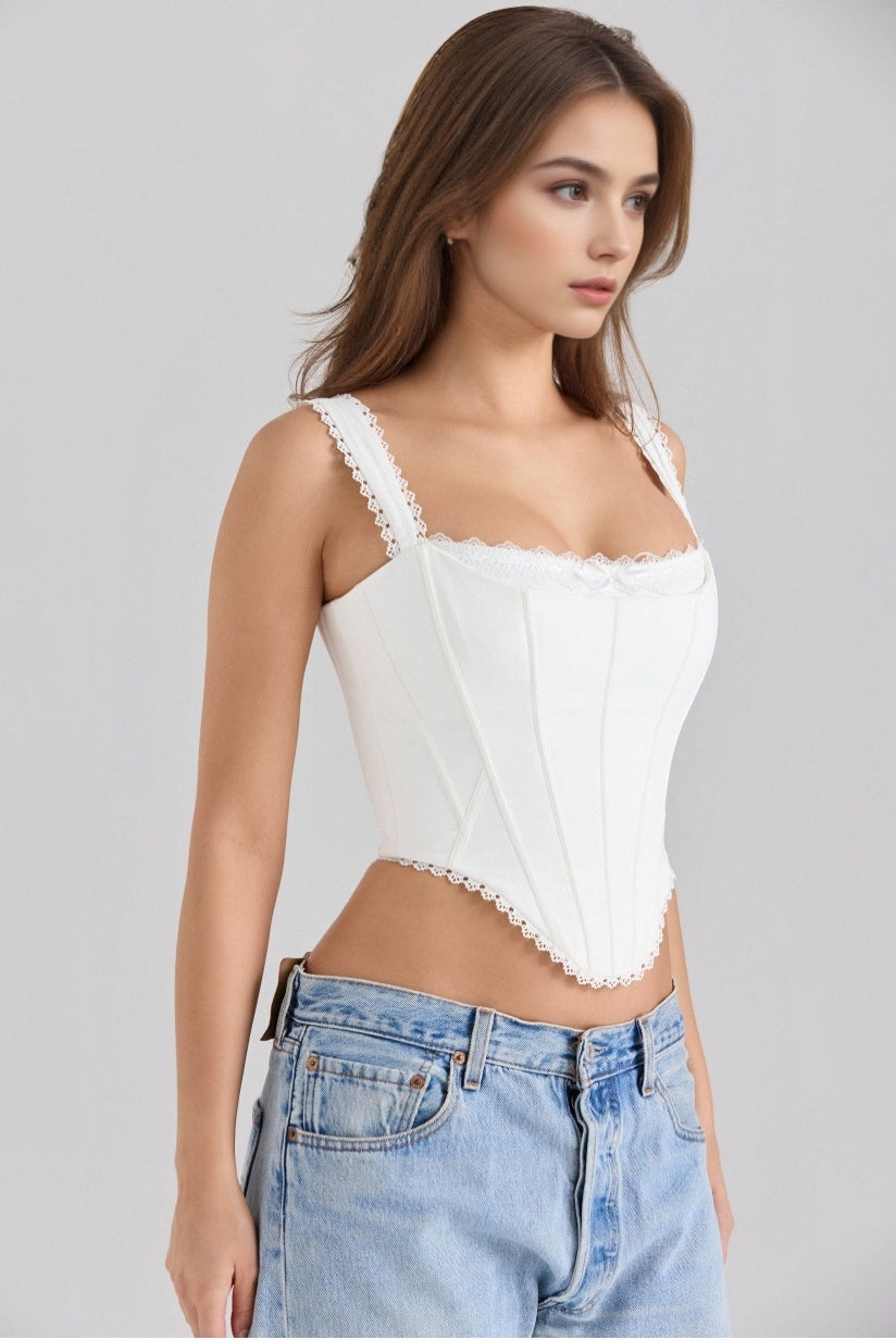 White Stretch Cotton Scallop Trim Corset Top