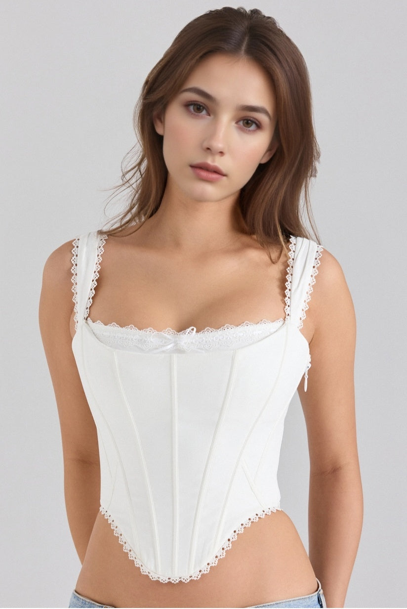 White Stretch Cotton Scallop Trim Corset Top