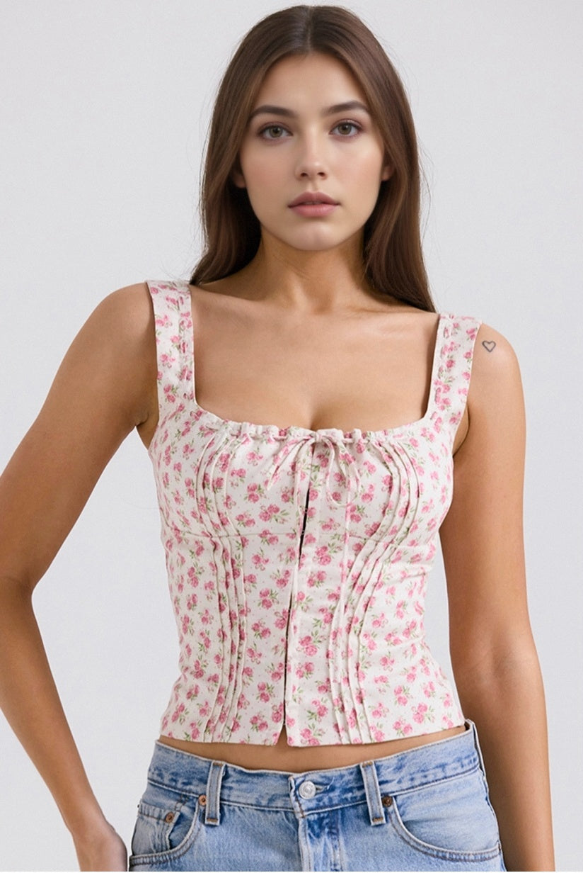 White Rosebud Print Top