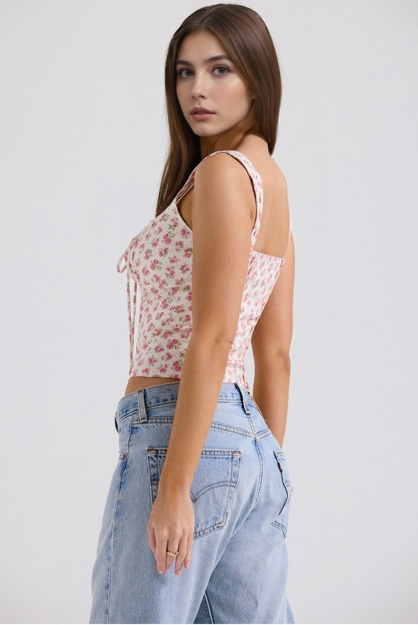 White Rosebud Print Top