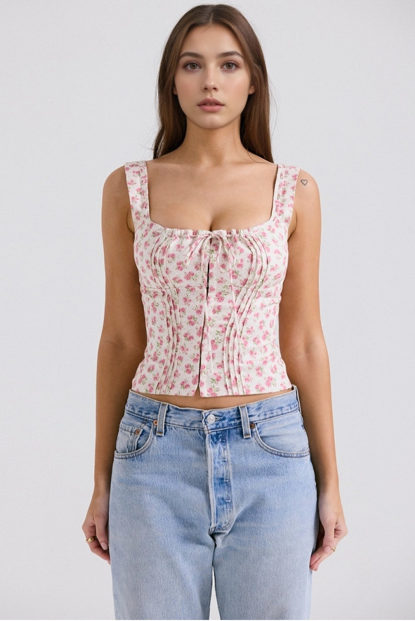 White Rosebud Print Top