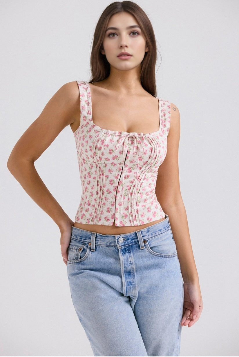 White Rosebud Print Top
