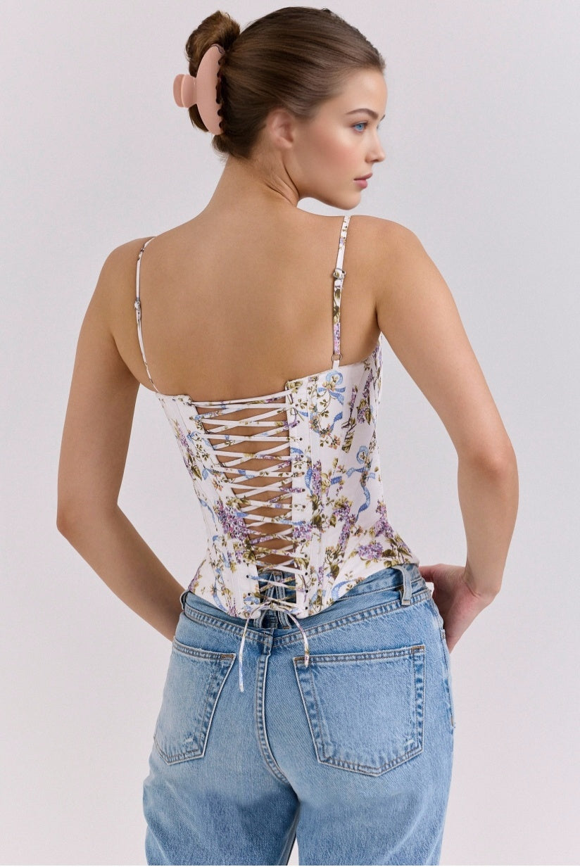 White Floral Ribbon Print Cotton Corset Top