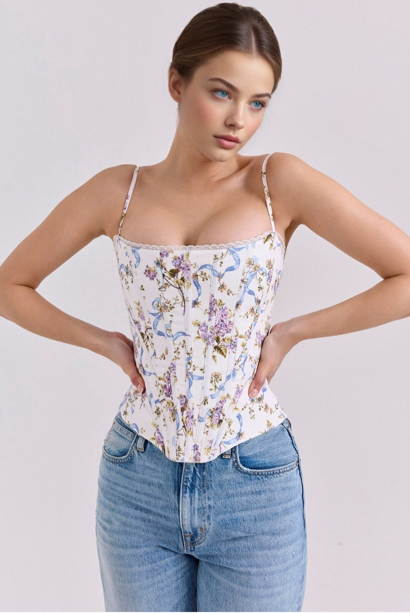 White Floral Ribbon Print Cotton Corset Top
