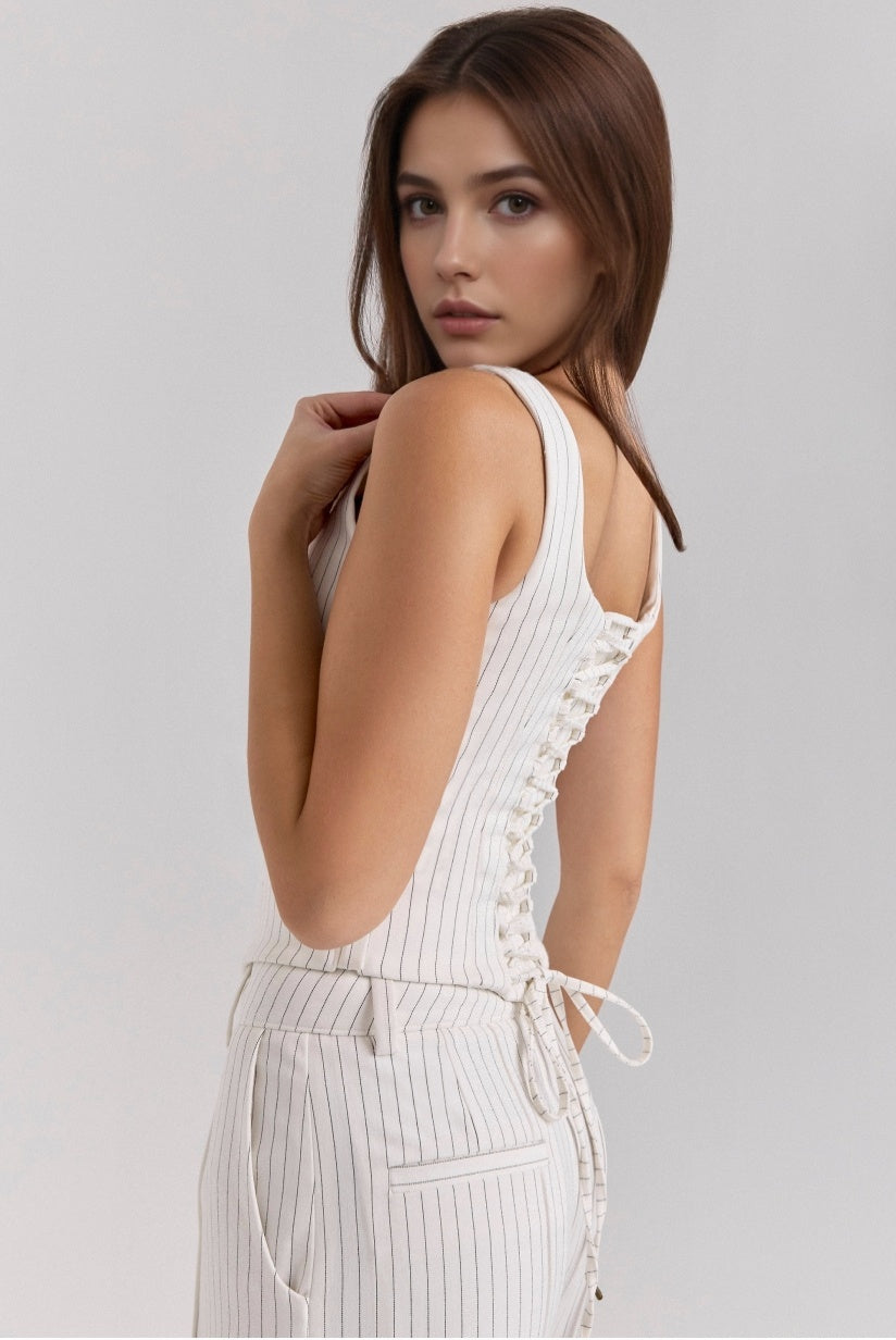 White Pinstripe Boned Corset Top