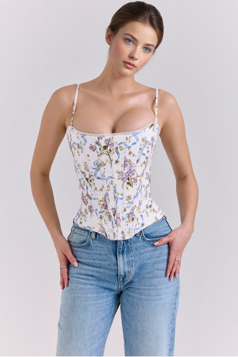 White Floral Ribbon Print Cotton Corset Top