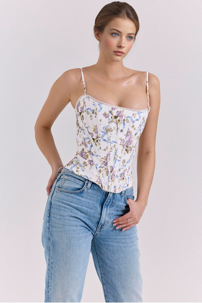 White Floral Ribbon Print Cotton Corset Top