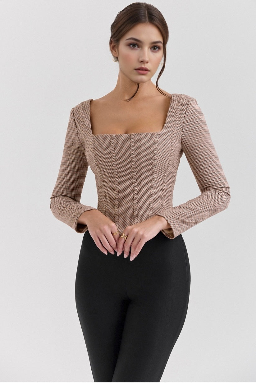 Brown Puppytooth Corset Top
